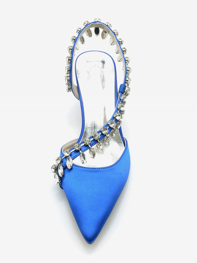 Sapatos Casamento Feminino Bombas Noiva Seda E Cetim Bico Fino Strass - Azul Royal