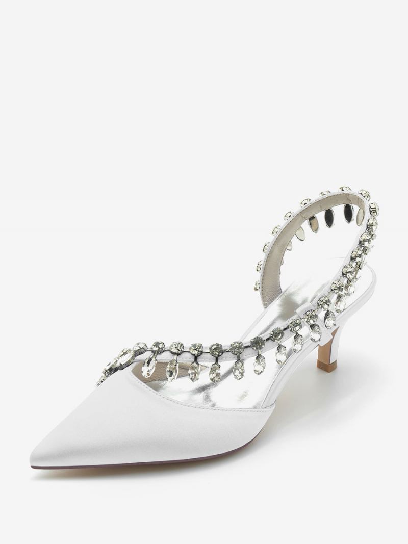 Sapatos Casamento Feminino Bombas Noiva Seda E Cetim Bico Fino Strass - Branco