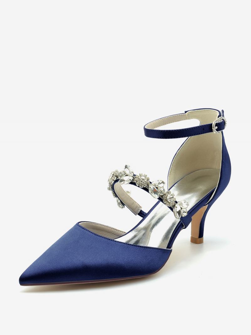 Sapatos Casamento Feminino Bombas Noiva Seda E Cetim Bico Fino Strass - Azul Profundo