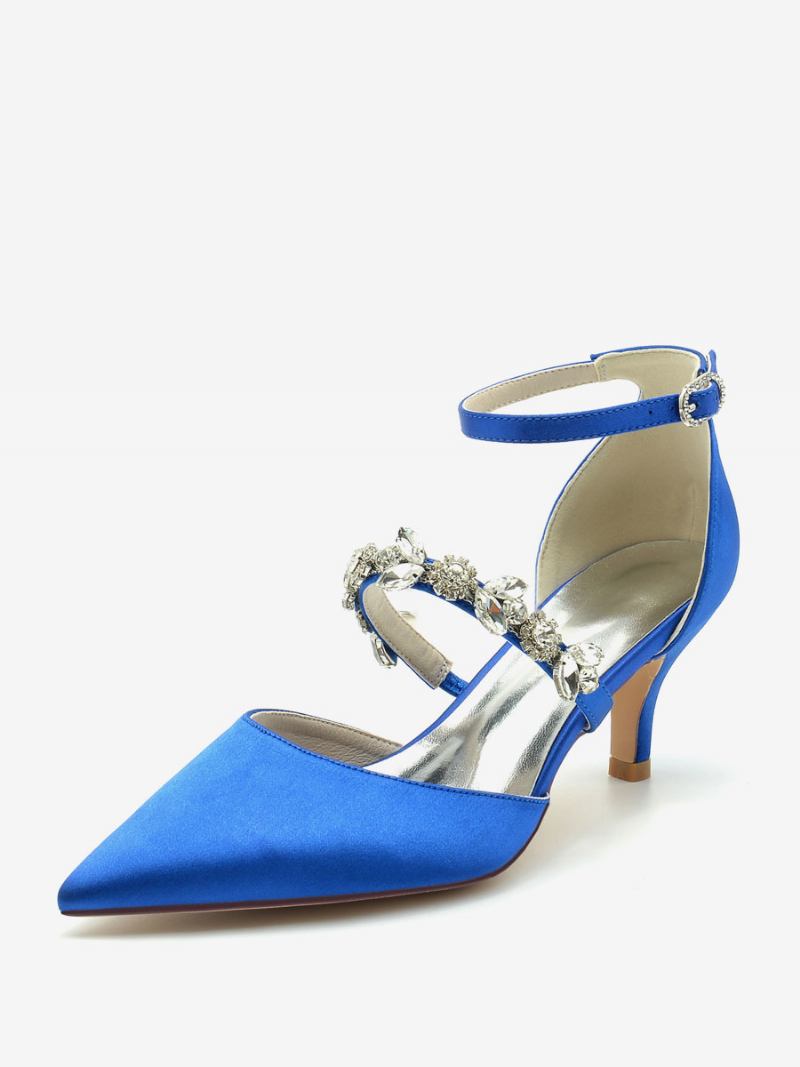 Sapatos Casamento Feminino Bombas Noiva Seda E Cetim Bico Fino Strass - Azul Royal