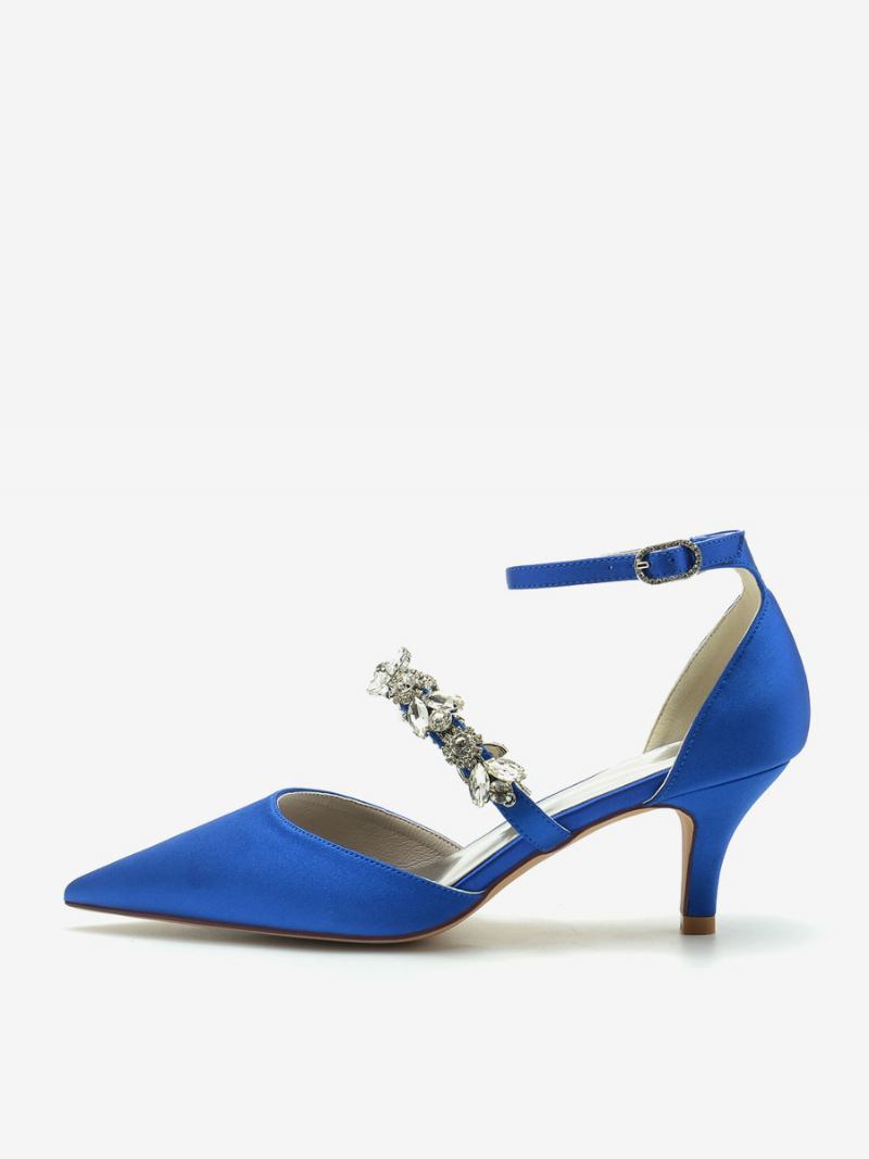 Sapatos Casamento Feminino Bombas Noiva Seda E Cetim Bico Fino Strass - Azul Royal