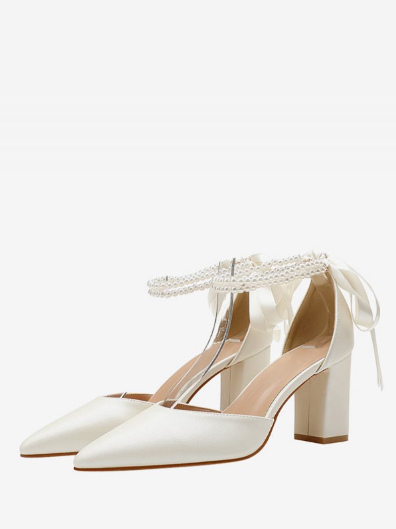 Sapatos Casamento Feminino Branco Salto Bloco Pérolas Bico Fino Bombas Noiva