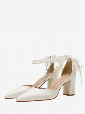 Sapatos Casamento Feminino Branco Salto Bloco Pérolas Bico Fino Bombas Noiva