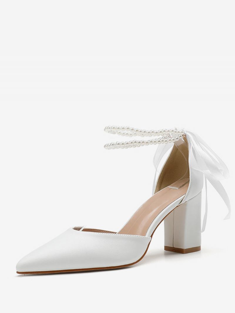 Sapatos Casamento Feminino Branco Salto Bloco Pérolas Bico Fino Bombas Noiva - Branco