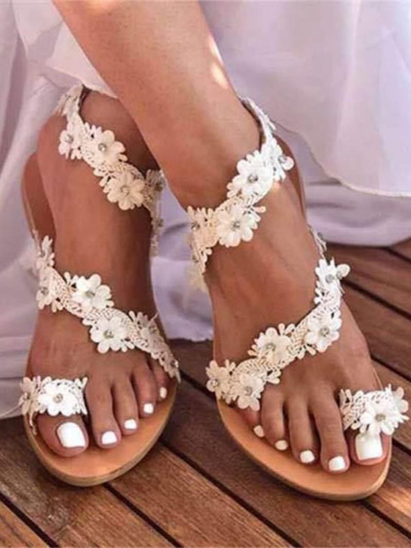 Sapatos Casamento Femininos Boho Marrom Toe Loop Flores Sandálias Planas