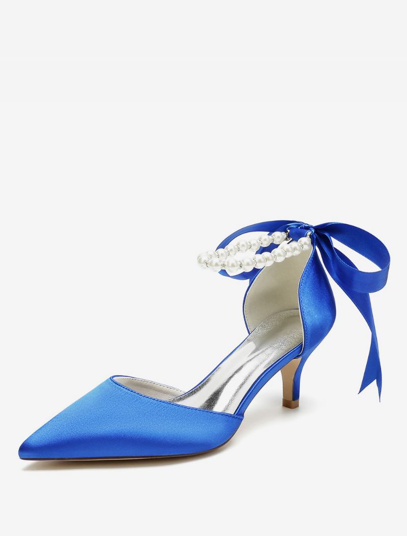 Sapatos Casamento Femininos Bombas Noiva Cetim Bico Fino Pérolas - Azul Royal