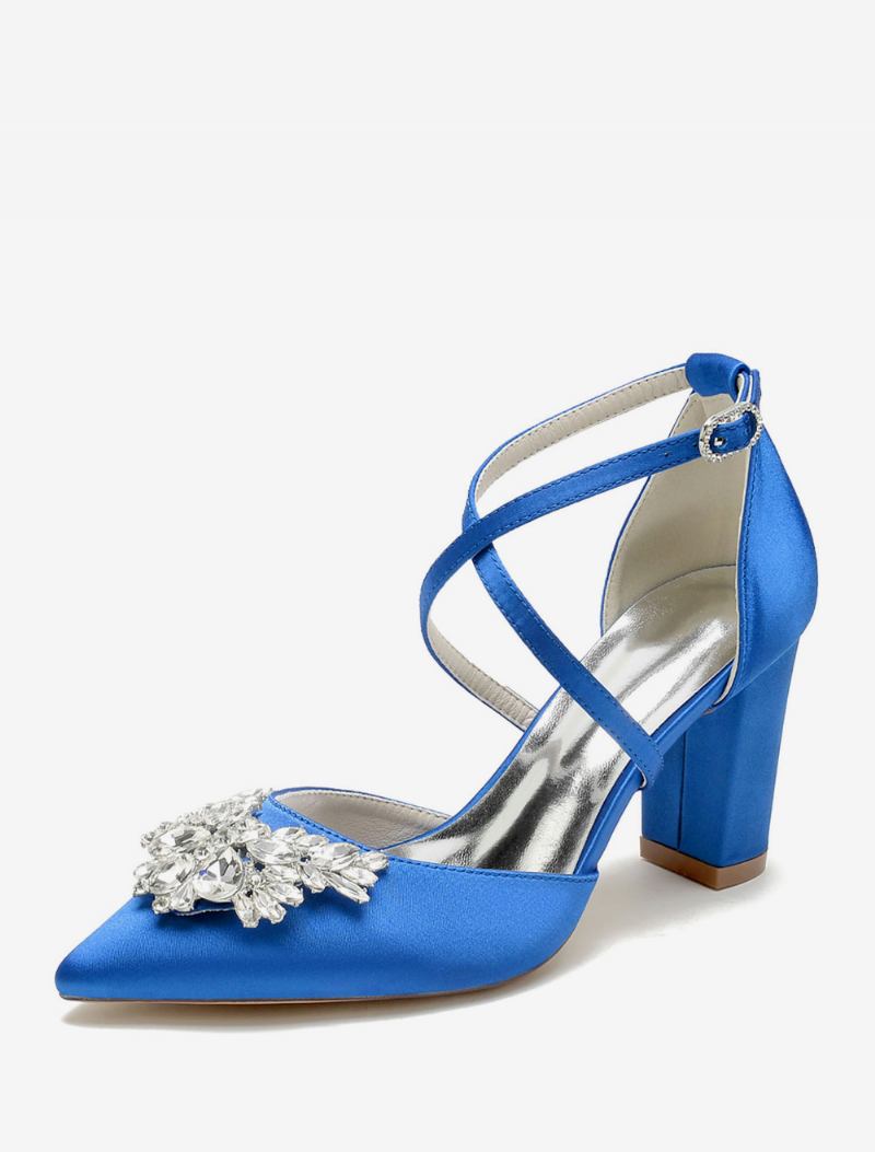 Sapatos Casamento Femininos Bombas Noiva Cetim Bico Fino Strass - Azul Royal