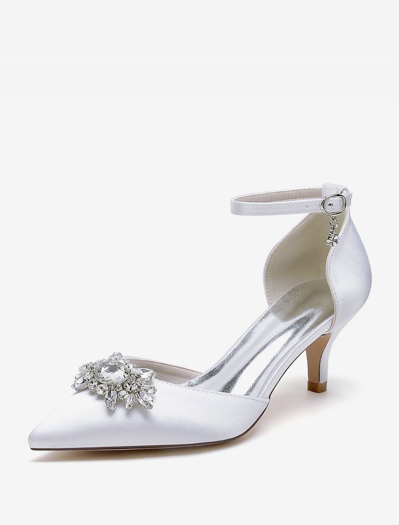 Sapatos Casamento Femininos Bombas Noiva Cetim Bico Fino Strass