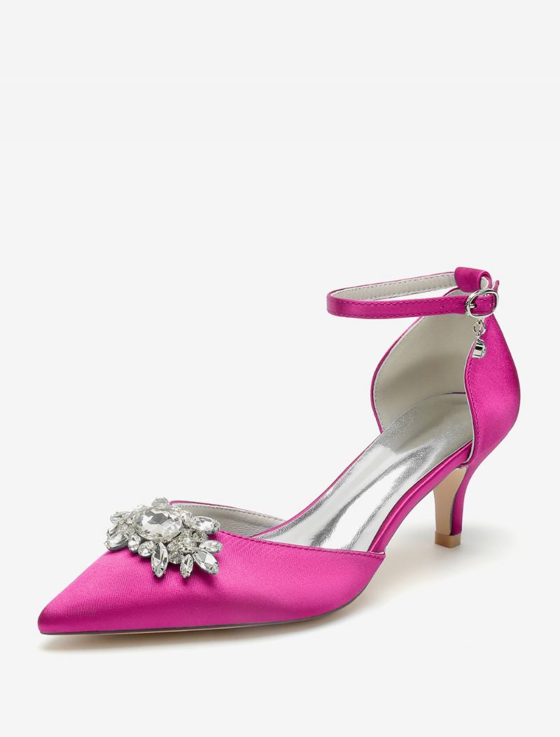 Sapatos Casamento Femininos Bombas Noiva Cetim Bico Fino Strass - Rosa