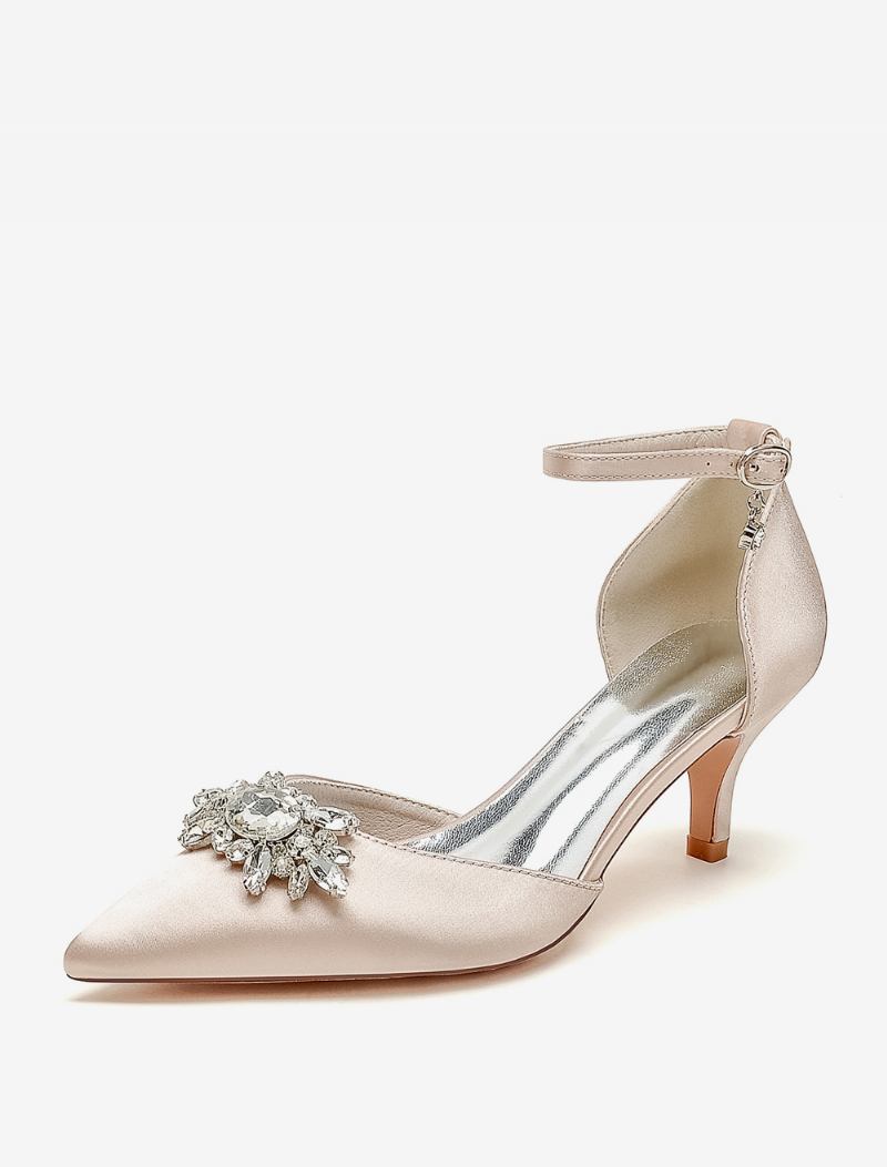 Sapatos Casamento Femininos Bombas Noiva Cetim Bico Fino Strass - Champanhe