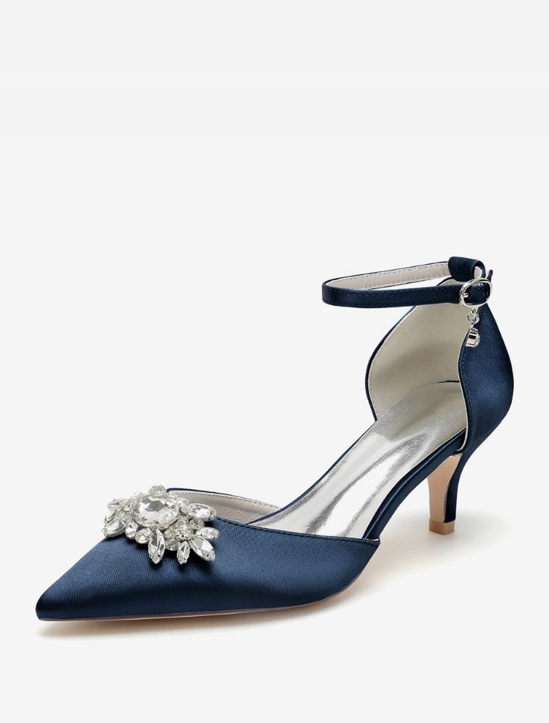 Sapatos Casamento Femininos Bombas Noiva Cetim Bico Fino Strass - Azul Profundo