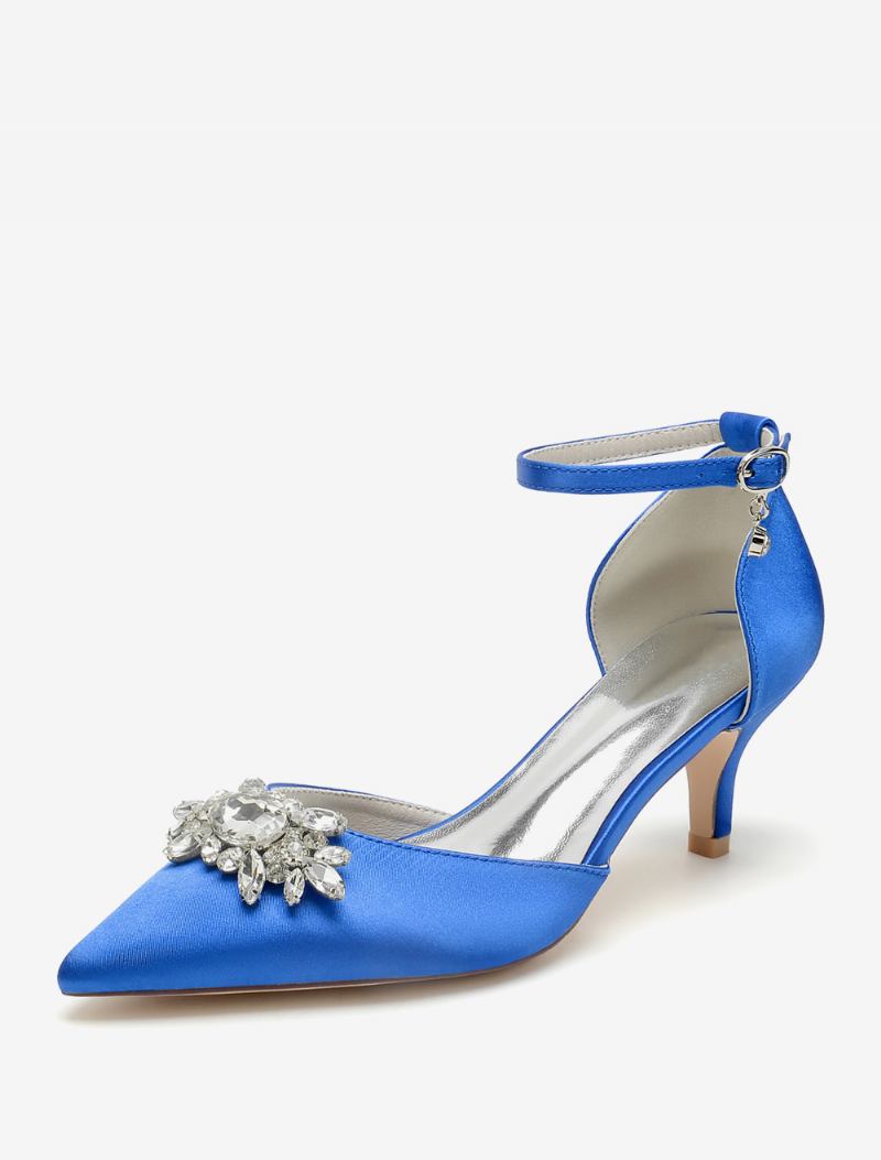 Sapatos Casamento Femininos Bombas Noiva Cetim Bico Fino Strass - Azul Royal