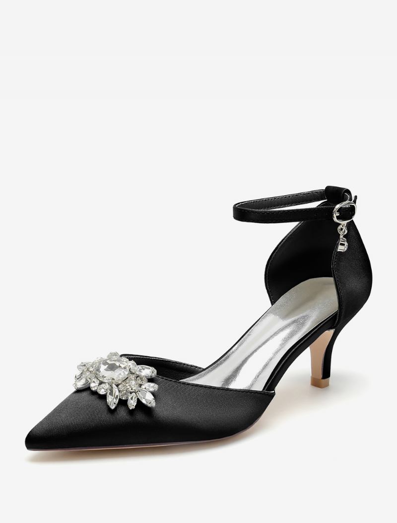 Sapatos Casamento Femininos Bombas Noiva Cetim Bico Fino Strass - Preto