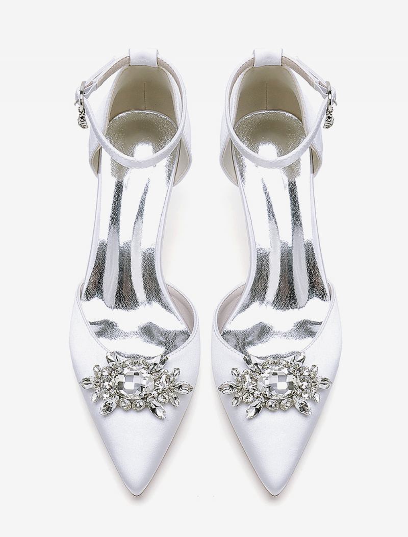 Sapatos Casamento Femininos Bombas Noiva Cetim Bico Fino Strass - Branco