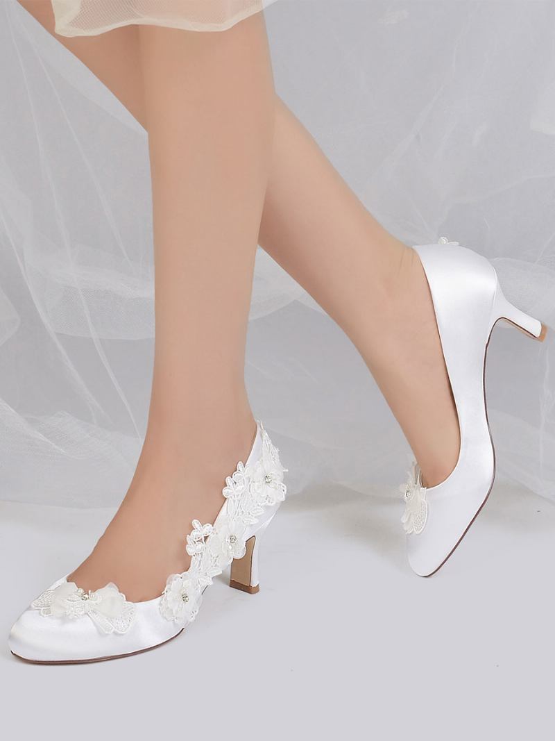 Sapatos Casamento Femininos Bombas Noiva Cetim Bico Redondo - Branco