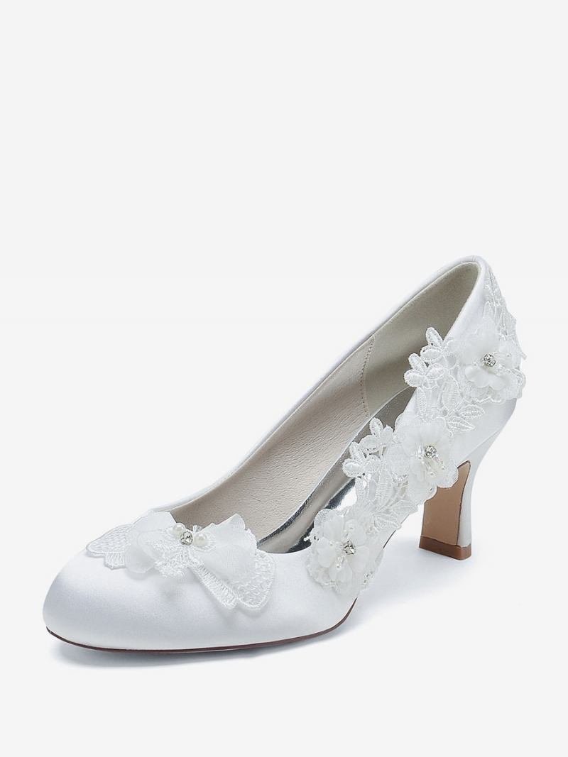 Sapatos Casamento Femininos Bombas Noiva Cetim Bico Redondo - Branco