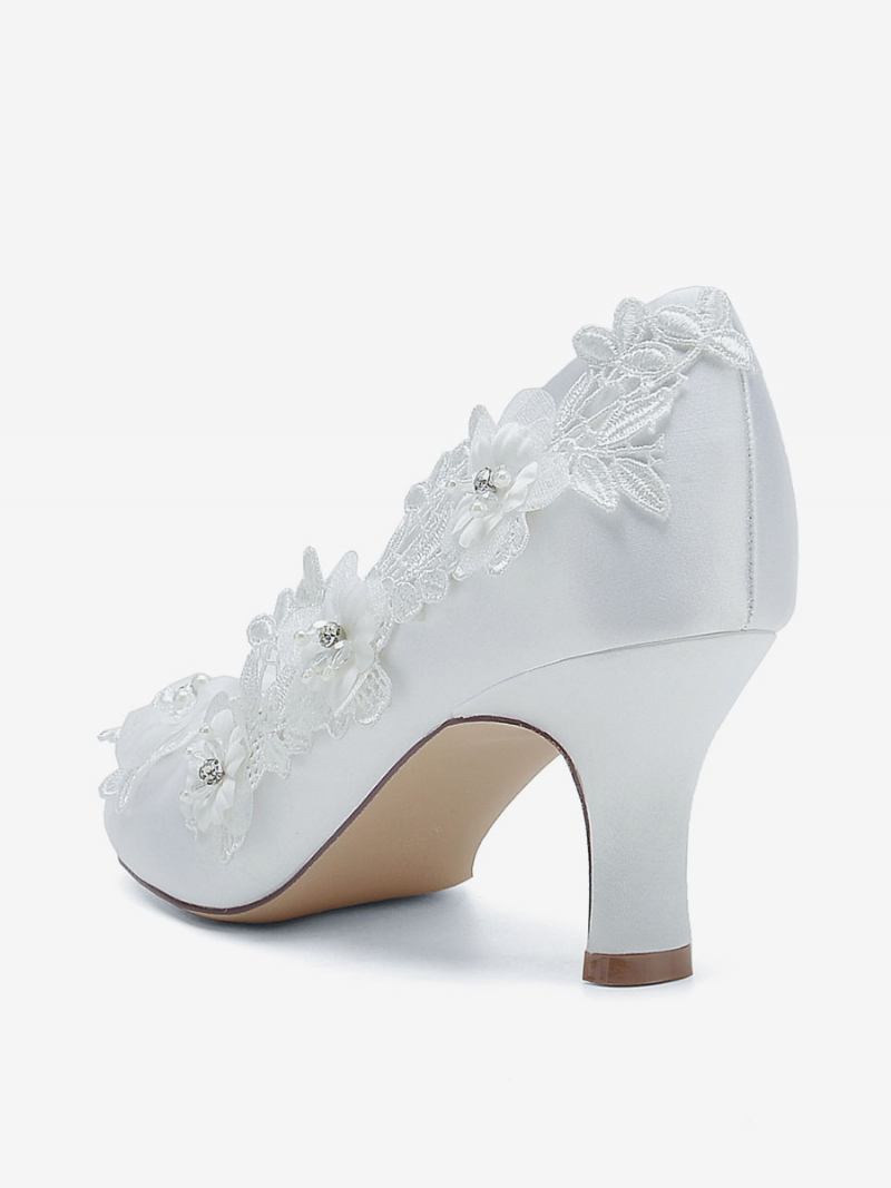 Sapatos Casamento Femininos Bombas Noiva Cetim Bico Redondo - Branco