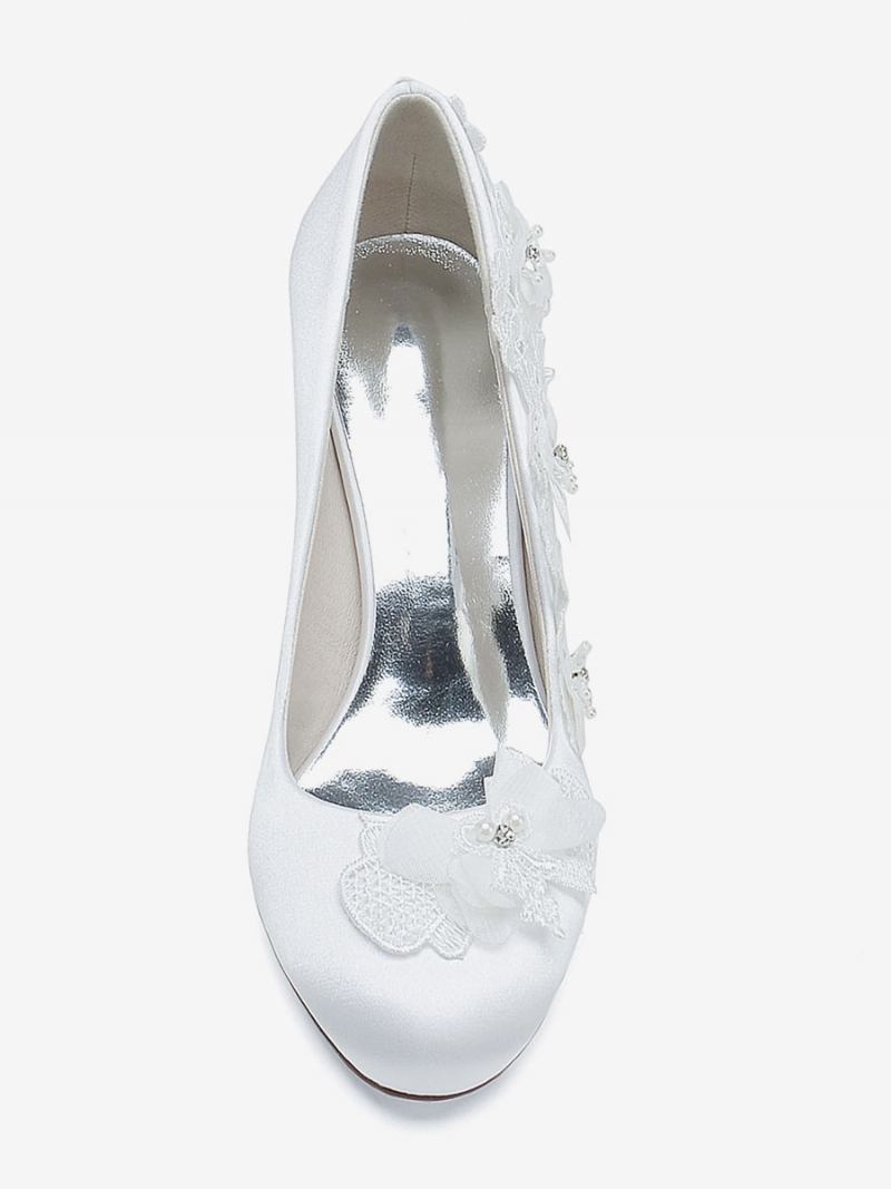 Sapatos Casamento Femininos Bombas Noiva Cetim Bico Redondo - Branco