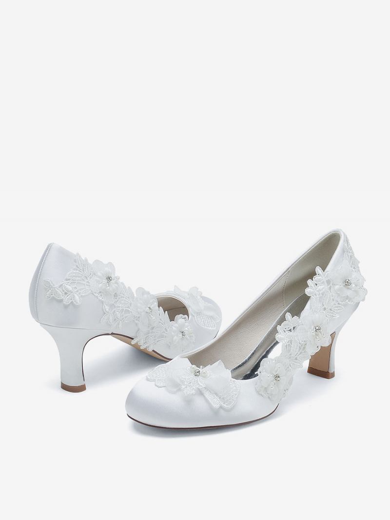 Sapatos Casamento Femininos Bombas Noiva Cetim Bico Redondo - Branco