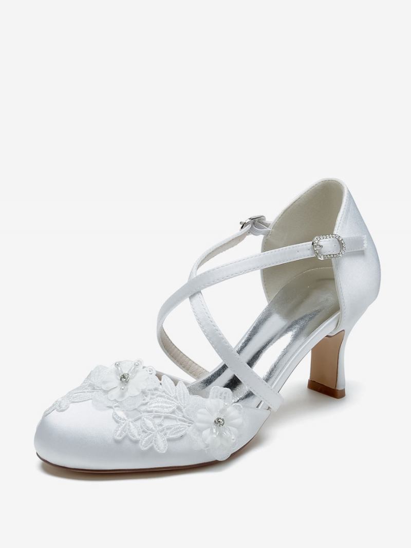 Sapatos Casamento Femininos Bombas Noiva Cetim Bico Redondo - Branco