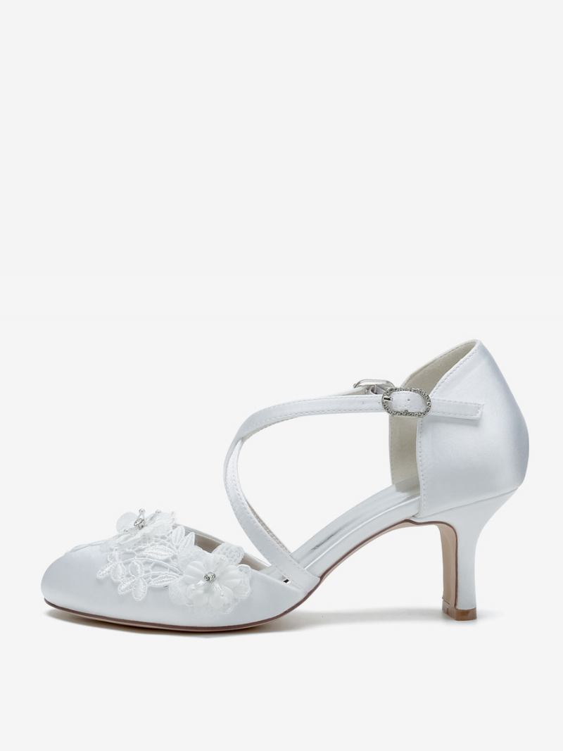 Sapatos Casamento Femininos Bombas Noiva Cetim Bico Redondo - Branco