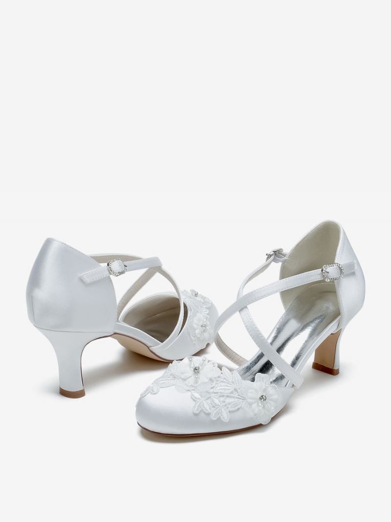 Sapatos Casamento Femininos Bombas Noiva Cetim Bico Redondo - Branco