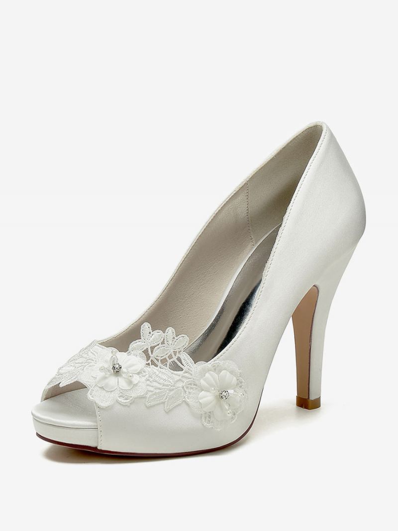 Sapatos Casamento Femininos Bombas Noiva Cetim Peep Toe - Marfim