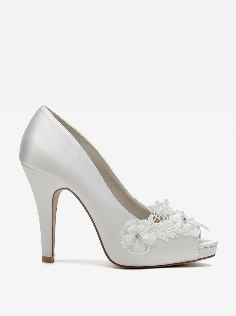 Sapatos Casamento Femininos Bombas Noiva Cetim Peep Toe - Marfim