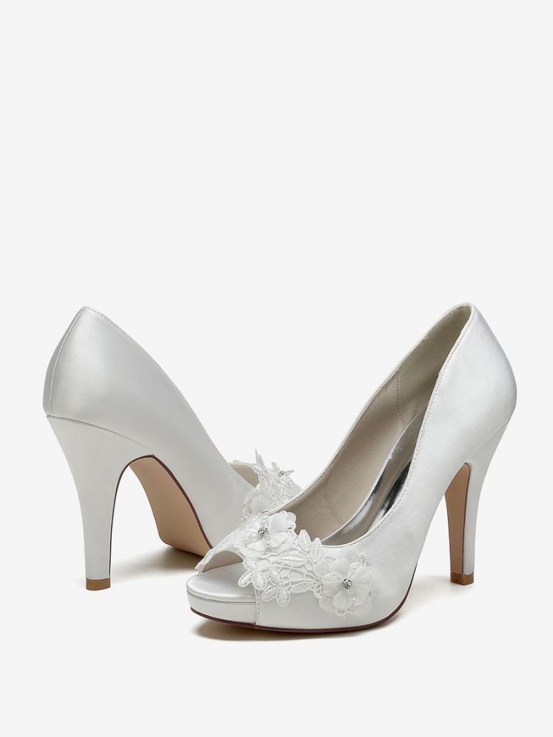 Sapatos Casamento Femininos Bombas Noiva Cetim Peep Toe - Marfim