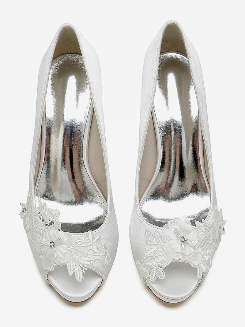 Sapatos Casamento Femininos Bombas Noiva Cetim Peep Toe - Marfim