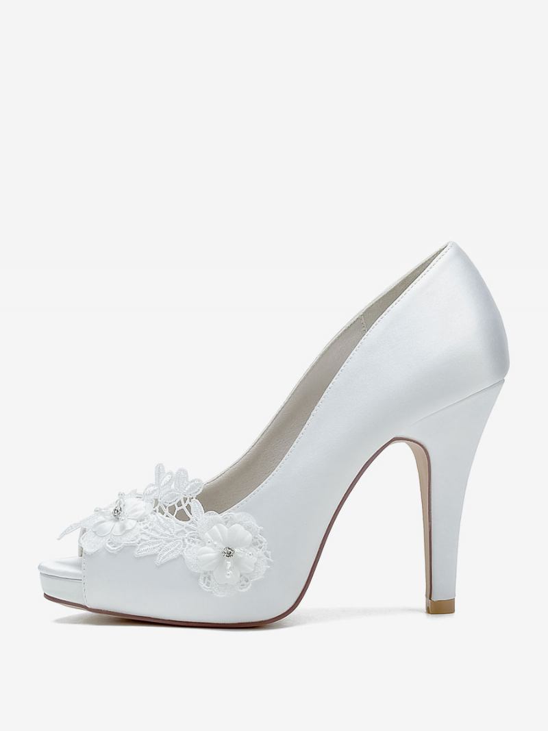 Sapatos Casamento Femininos Bombas Noiva Cetim Peep Toe - Branco