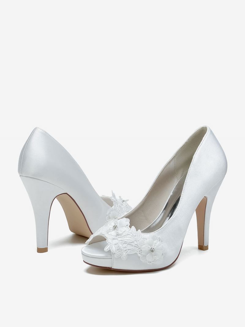 Sapatos Casamento Femininos Bombas Noiva Cetim Peep Toe - Branco