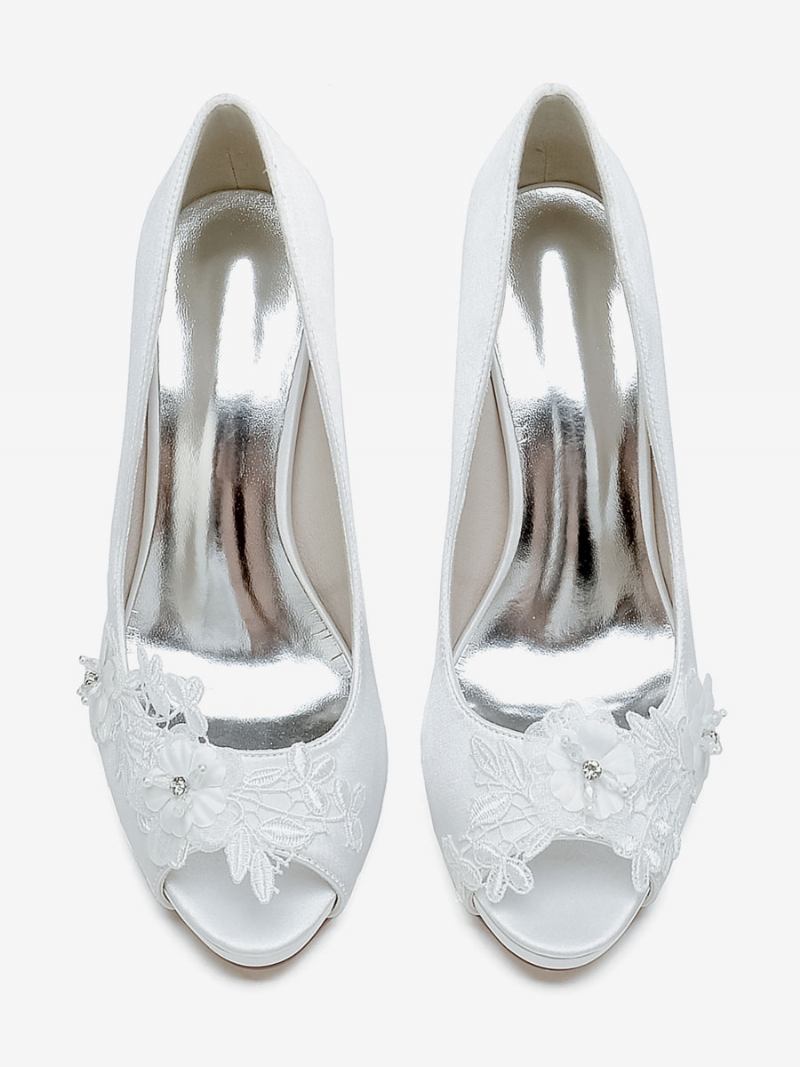 Sapatos Casamento Femininos Bombas Noiva Cetim Peep Toe - Branco