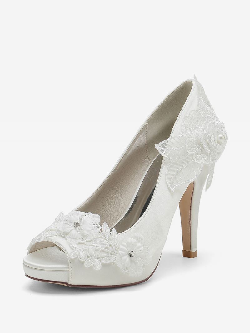 Sapatos Casamento Femininos Bombas Noiva Cetim Peep Toe - Marfim