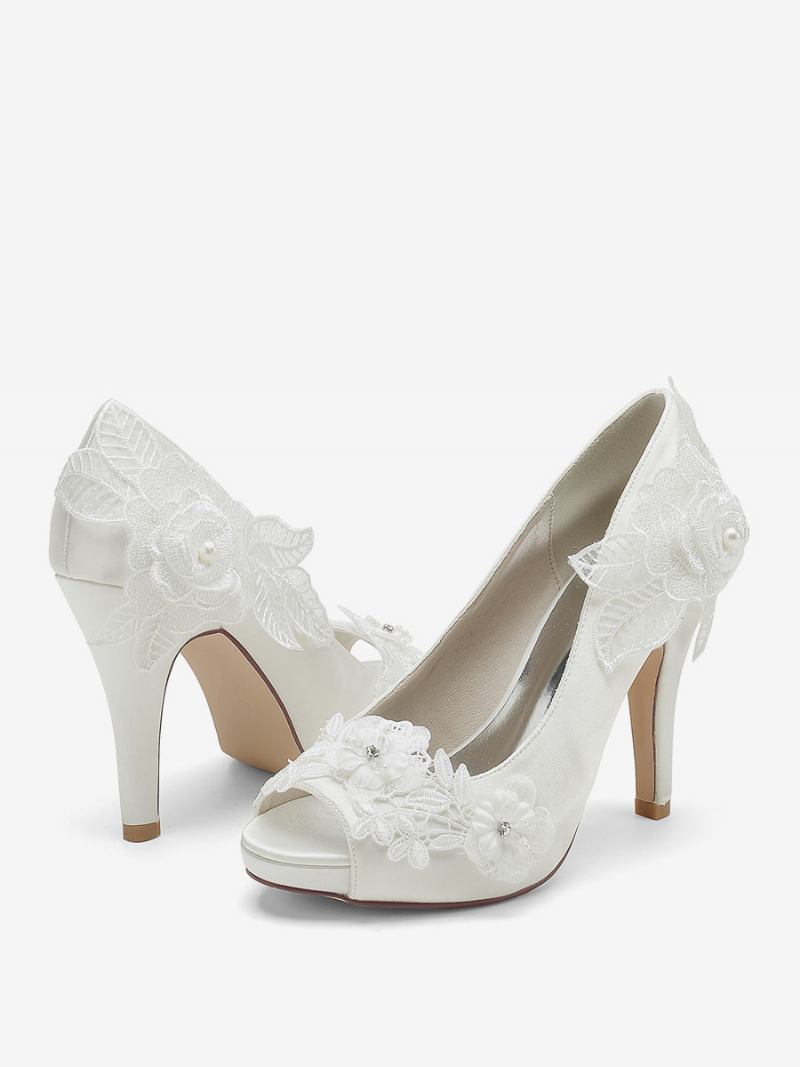 Sapatos Casamento Femininos Bombas Noiva Cetim Peep Toe - Marfim