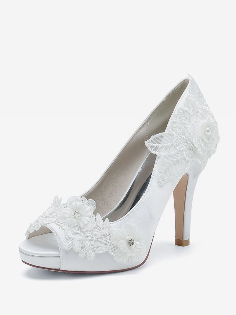 Sapatos Casamento Femininos Bombas Noiva Cetim Peep Toe - Branco