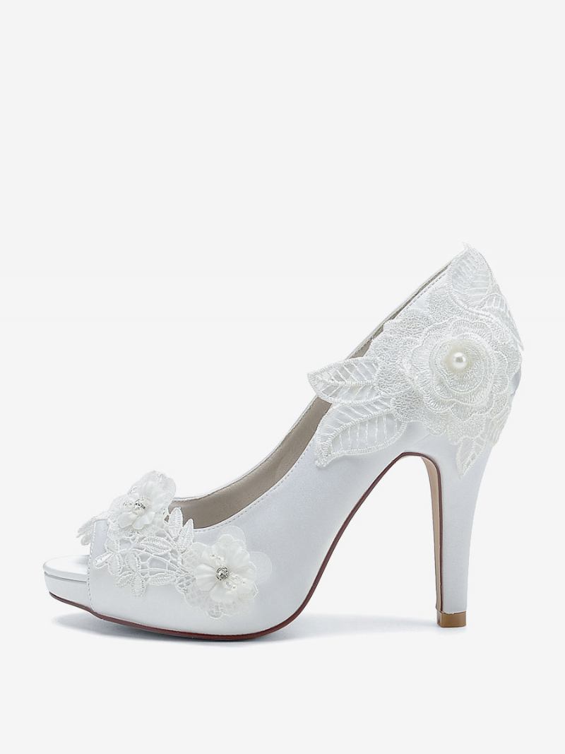 Sapatos Casamento Femininos Bombas Noiva Cetim Peep Toe - Branco