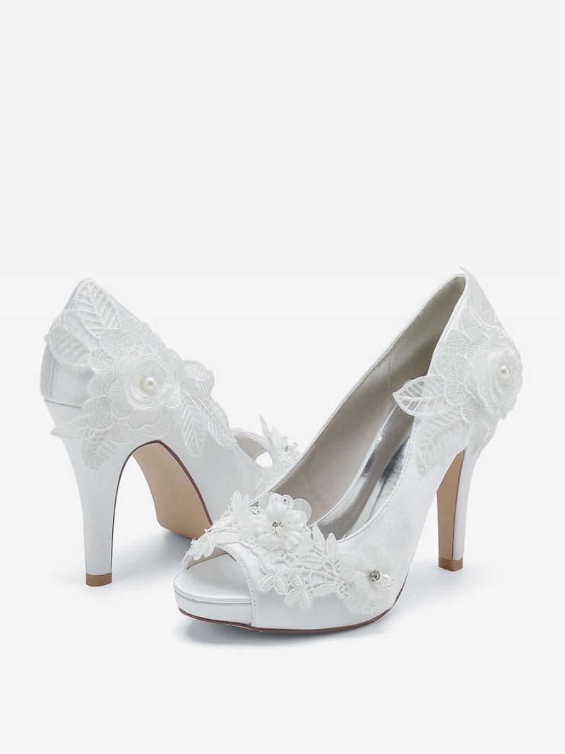 Sapatos Casamento Femininos Bombas Noiva Cetim Peep Toe - Branco