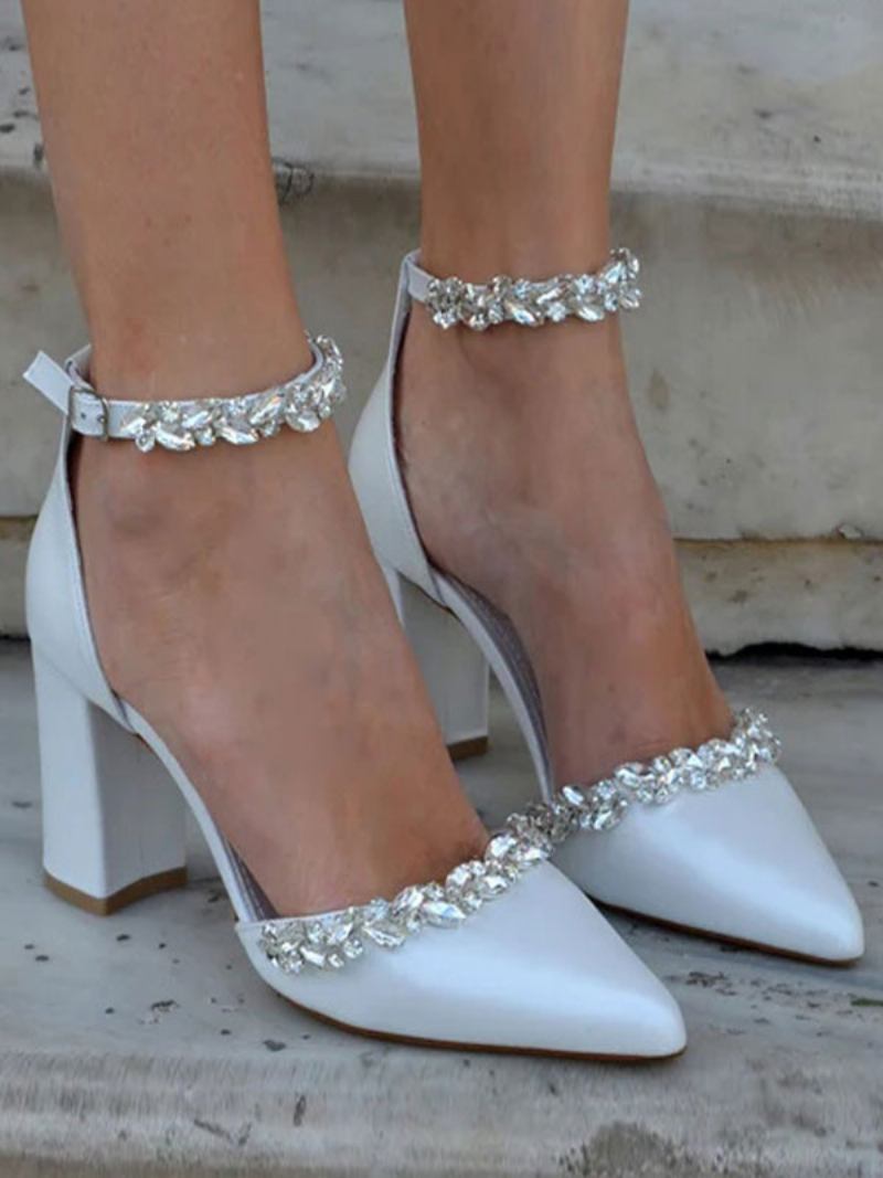 Sapatos Casamento Femininos Bombas Noiva Couro Pu Correntes Bico Fino - Branco