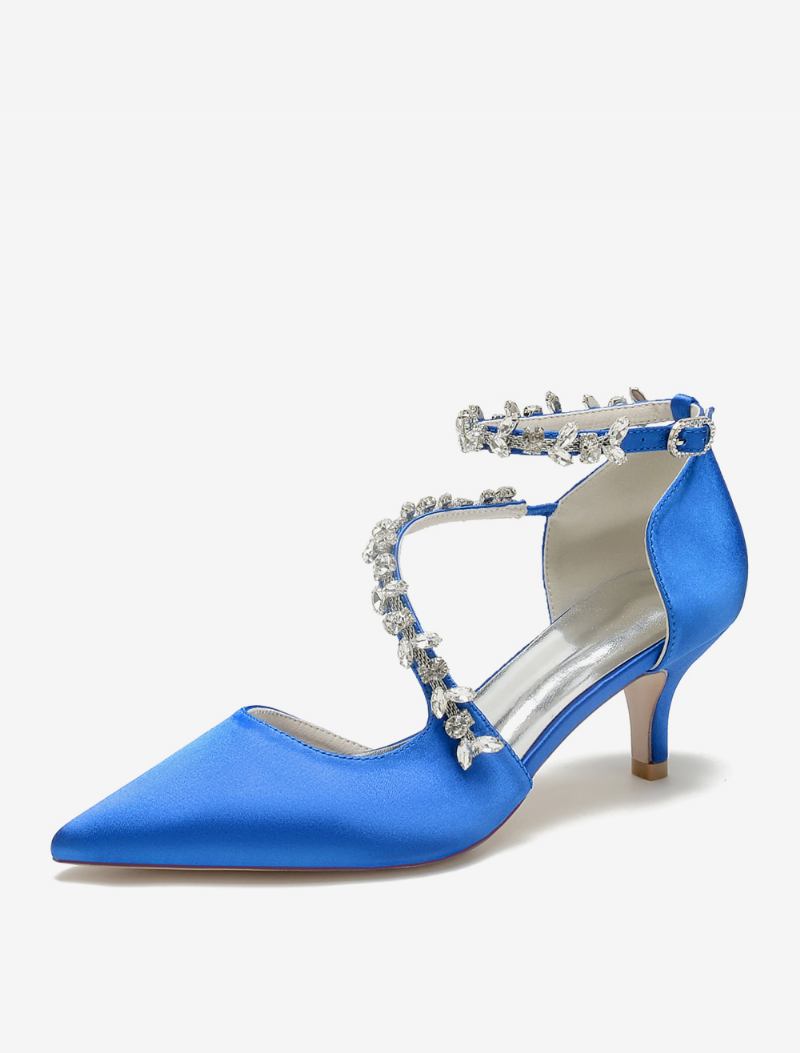 Sapatos Casamento Femininos Bombas Noiva Dedo Apontado Cetim - Azul Royal