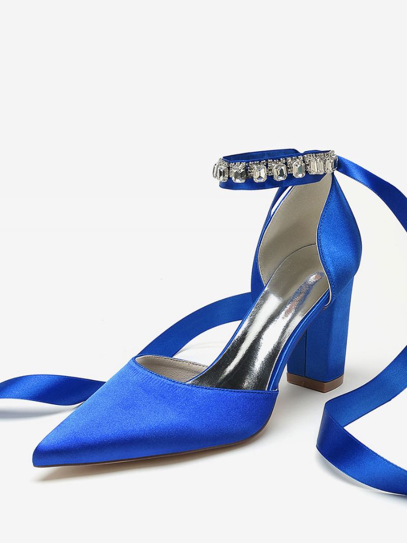 Sapatos Casamento Femininos Bombas Noiva Dedo Apontado Cetim - Azul Royal