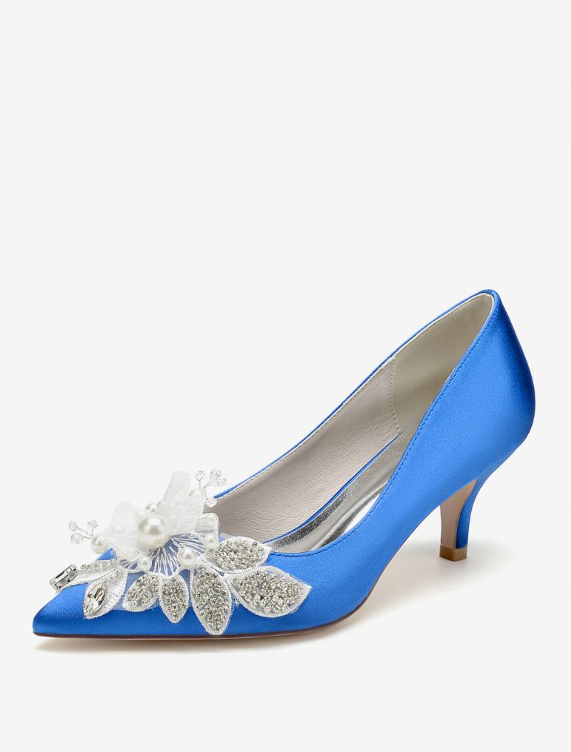 Sapatos Casamento Femininos Bombas Noiva Dedo Apontado Cetim - Azul Royal