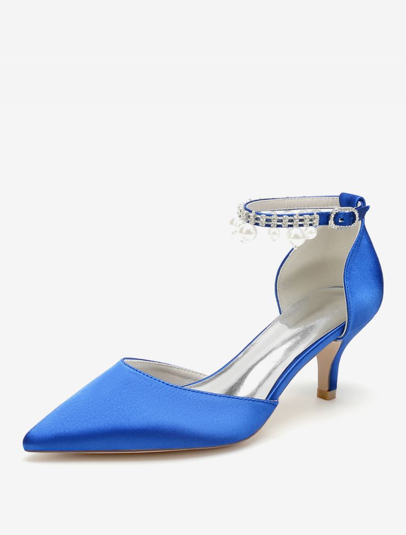 Sapatos Casamento Femininos Bombas Noiva Dedo Apontado Cetim - Azul Royal