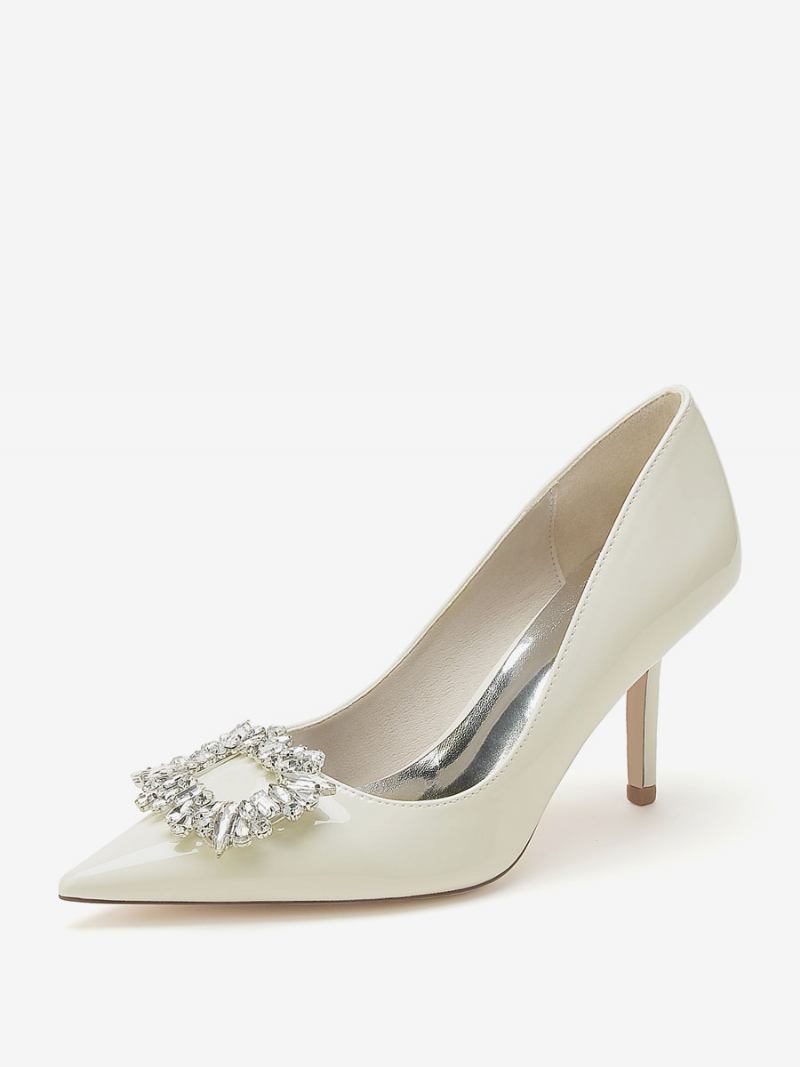 Sapatos Casamento Femininos Bombas Noiva Patente Pu Bico Fino Strass Salto Alto - Bege