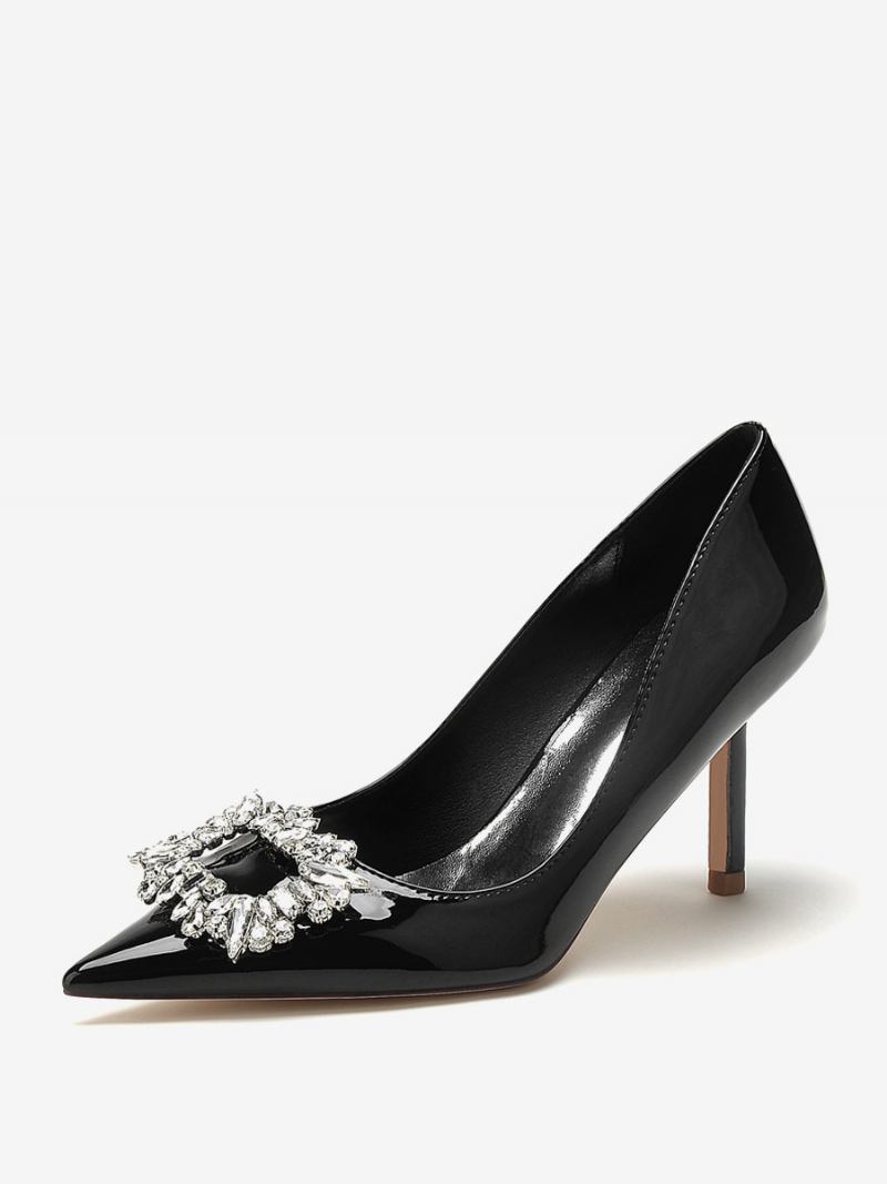 Sapatos Casamento Femininos Bombas Noiva Patente Pu Bico Fino Strass Salto Alto - Preto