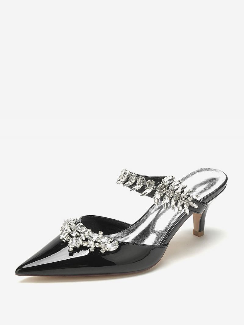 Sapatos Casamento Femininos Bombas Noiva Patente Pu Strass Bico Fino - Preto