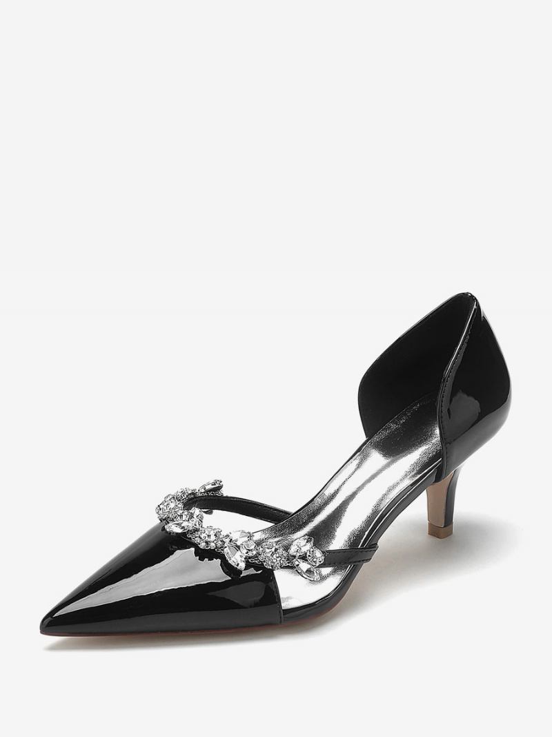 Sapatos Casamento Femininos Bombas Noiva Patente Pu Strass Bico Fino - Preto