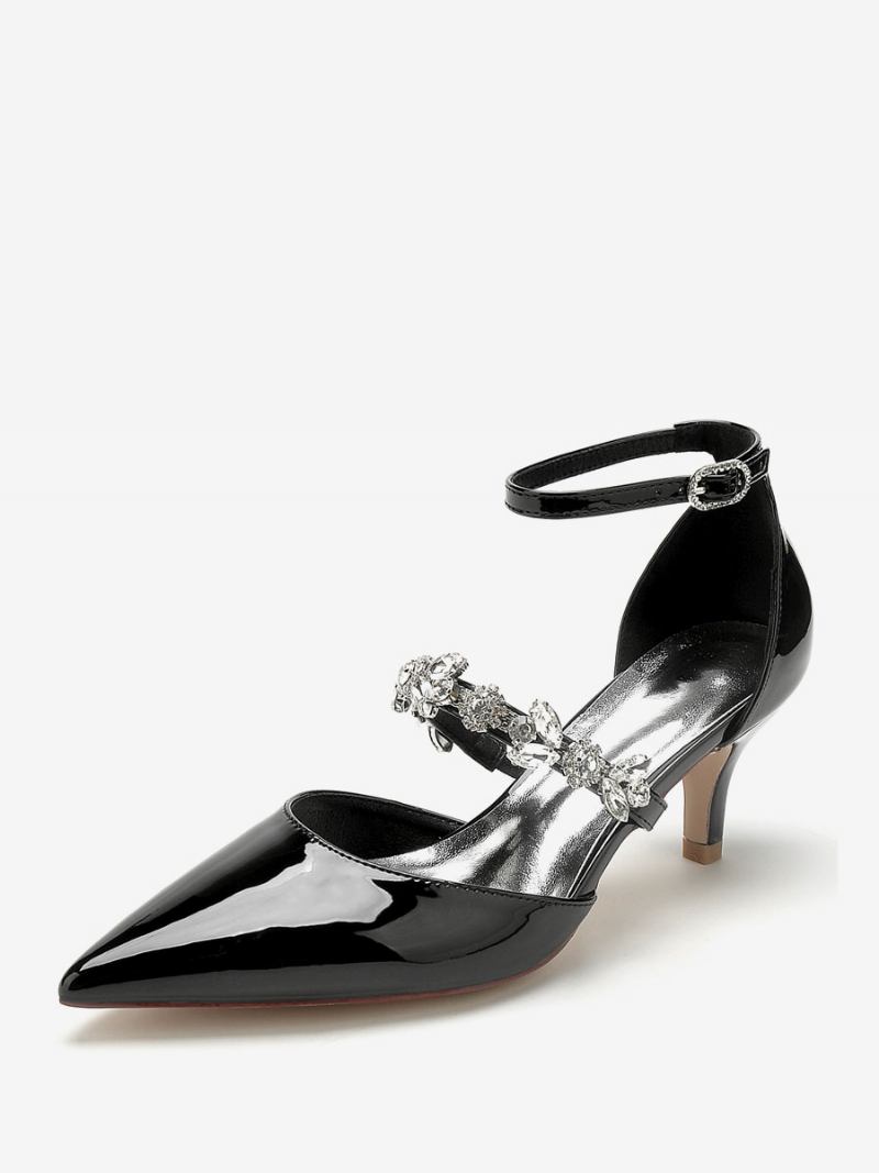 Sapatos Casamento Femininos Bombas Noiva Patente Pu Strass Bico Fino - Preto