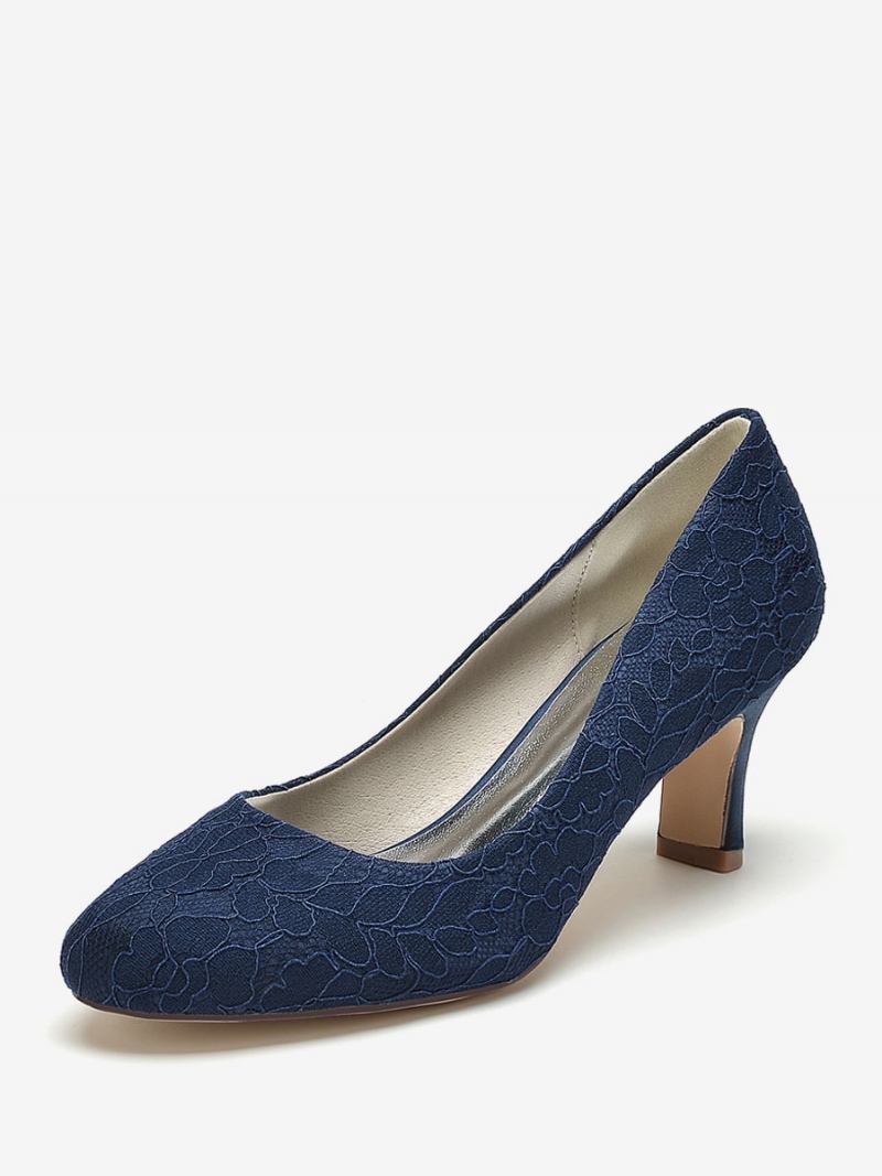 Sapatos Casamento Femininos Bombas Noiva Renda Bico Redondo Bordado - Azul Profundo