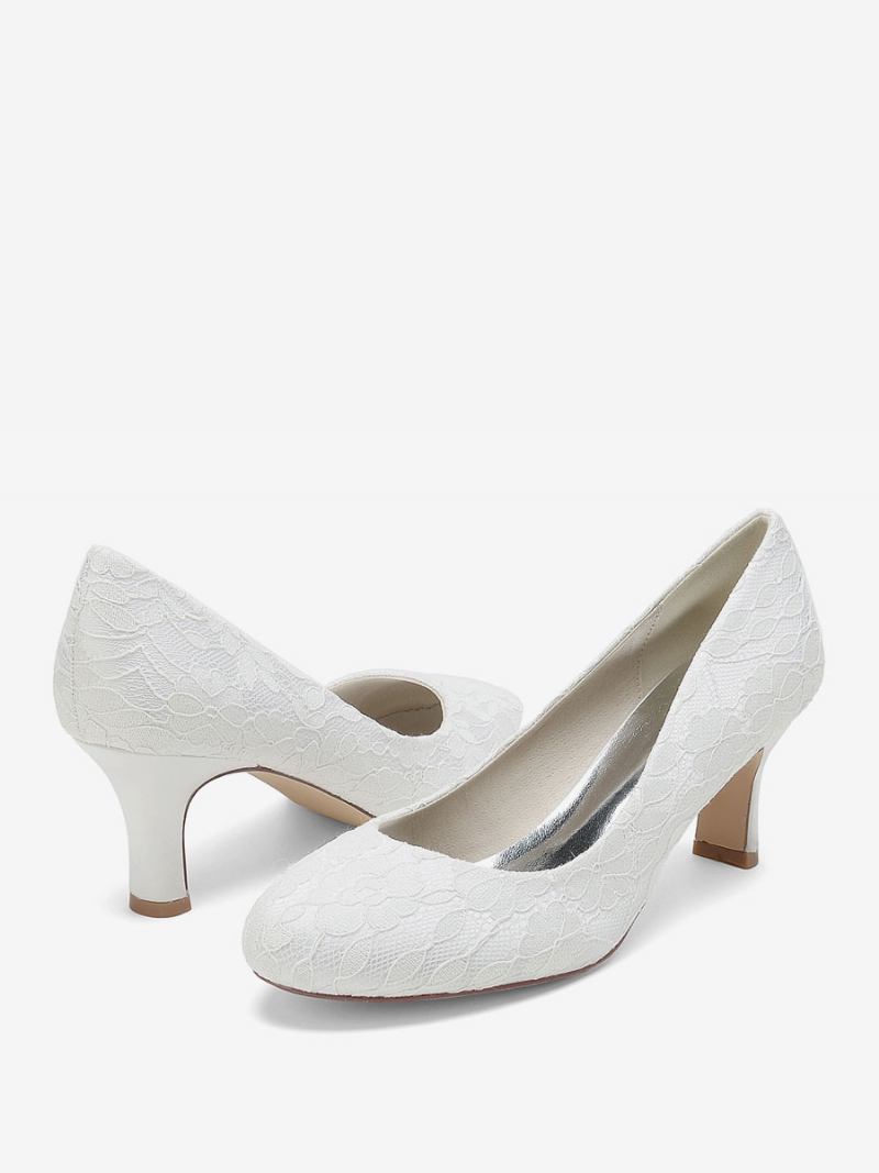 Sapatos Casamento Femininos Bombas Noiva Renda Bico Redondo Bordado - Branco